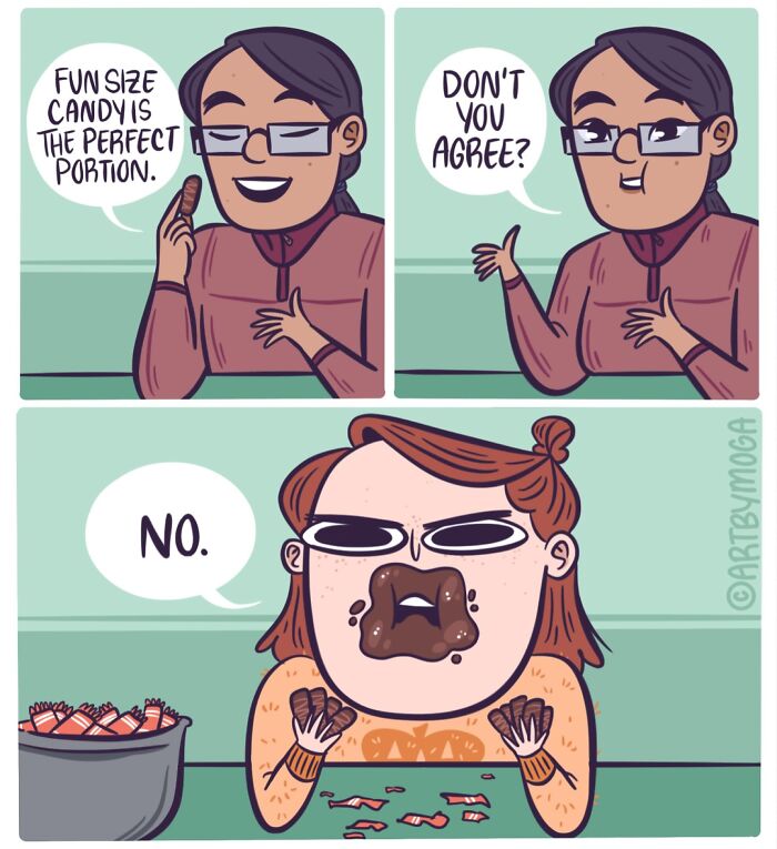 Comic strip showing a conversation about candy portions with humorous chaos and relationships between two characters.