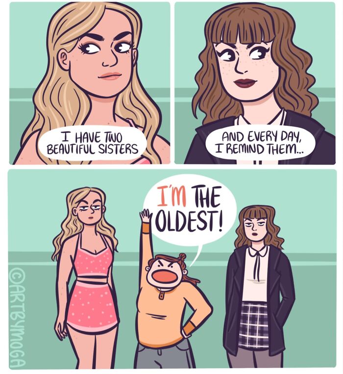 Comic strip showing sisters in a humorous relationship scene, highlighting everyday chaos and family dynamics with pets nearby.