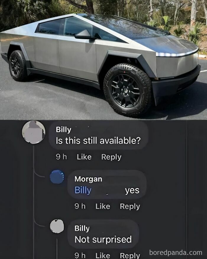 Futuristic electric vehicle listed on FB Marketplace with humorous unhinged conversation in comments section.