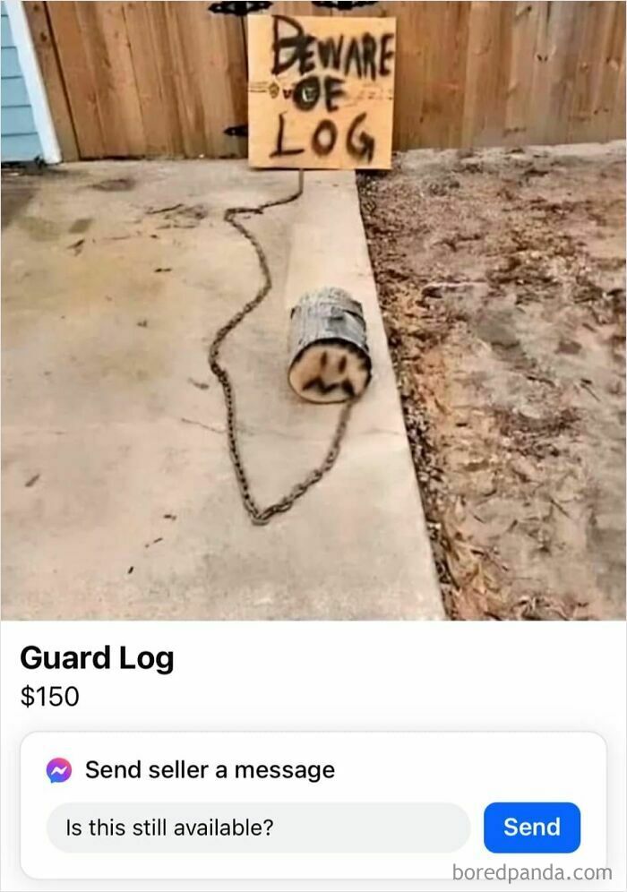 Chained log with a sign warning "Beware of Log" in a humorous FB Marketplace unhinged post listing.