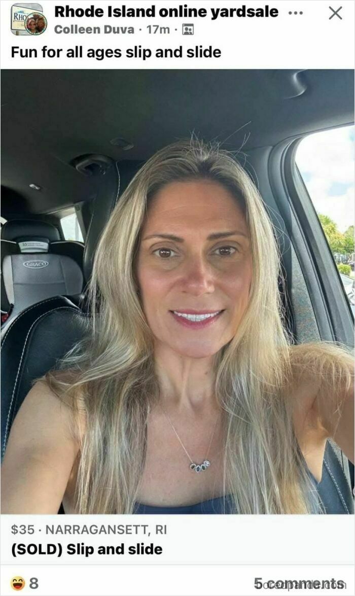 Woman smiling inside a car in a Rhode Island FB Marketplace post selling a slip and slide for all ages.