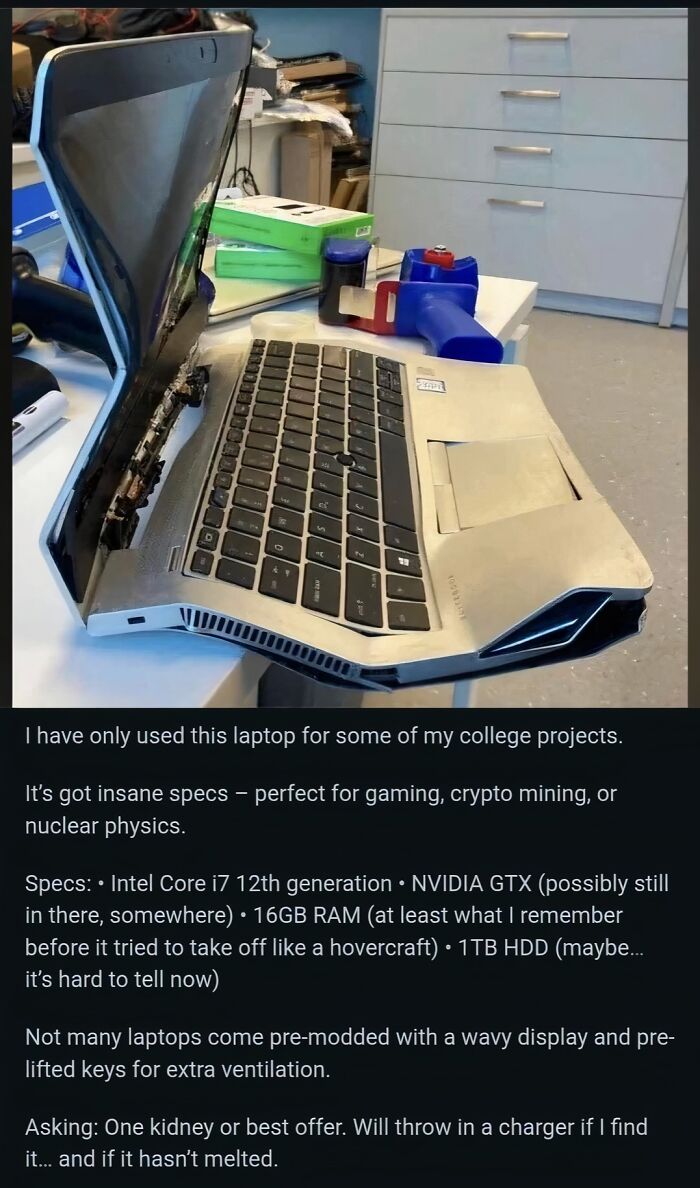 Damaged laptop with bent screen and warped keyboard, showcasing unhinged FB Marketplace post with quirky specs and unusual listing details.