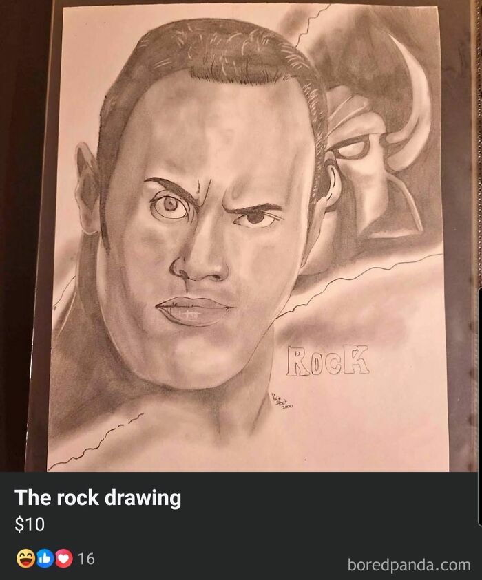 Pencil sketch of a man’s face with intense expression, shared in a group known for unhinged FB Marketplace posts.