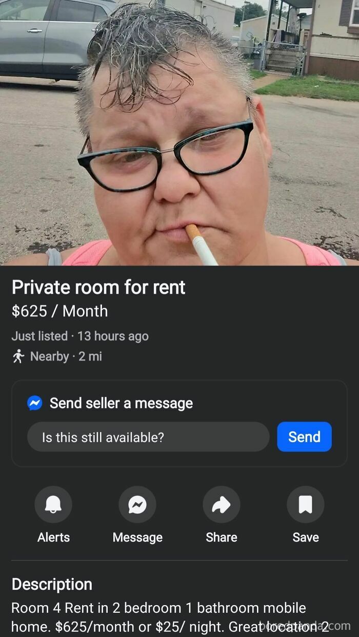 Close-up of person smoking with glasses in an unconventional FB Marketplace post for a private room rental.