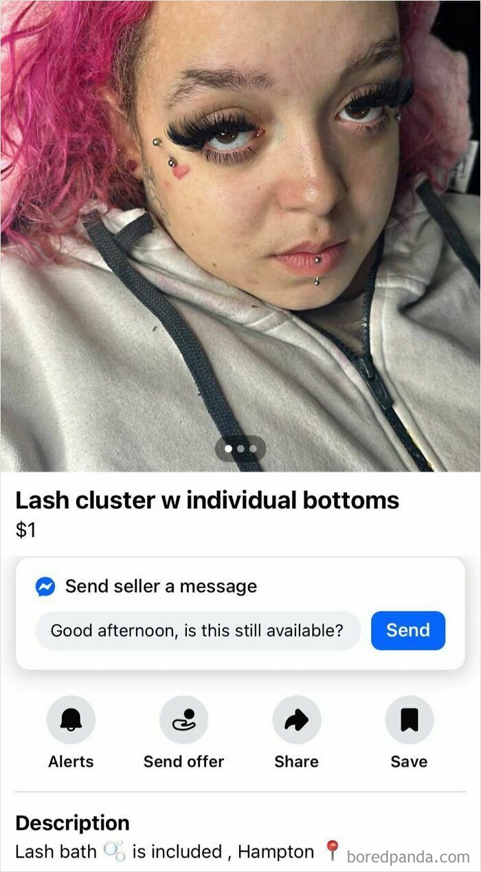 Person with pink hair and dramatic false lashes in a Facebook Marketplace post highlighting unhinged listings.