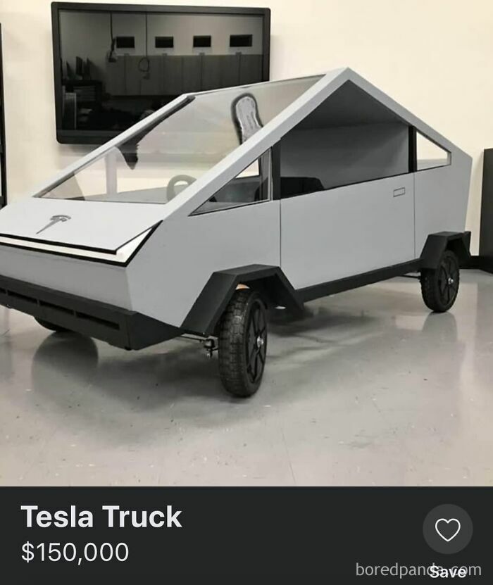 Unhinged FB Marketplace post showing a handmade Tesla truck replica listed for $150,000 in a garage setting.
