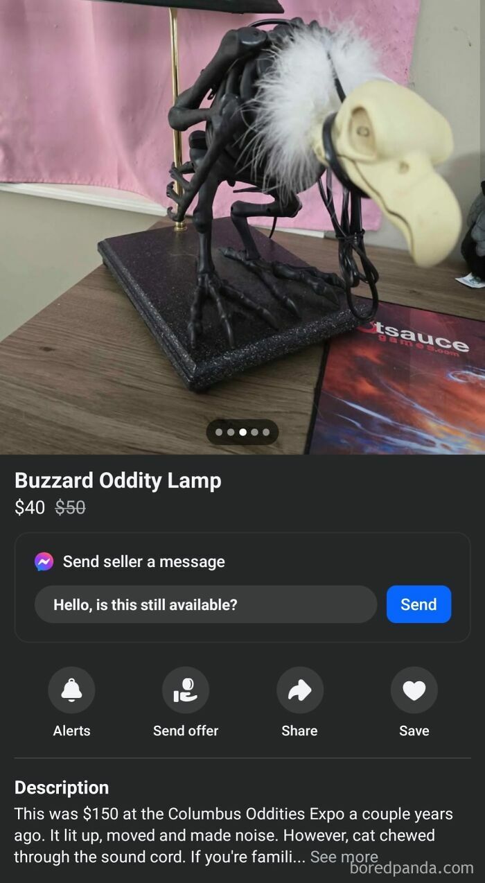 Buzzard oddity lamp with unique design listed on FB Marketplace among most unhinged posts and unusual items for sale
