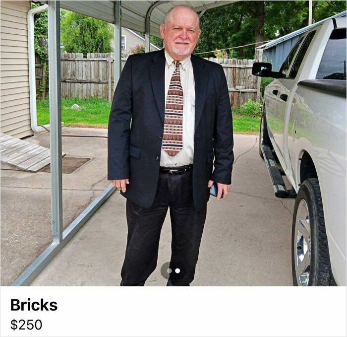 Man in suit standing under carport next to truck in an unusual FB Marketplace post selling bricks for $250.