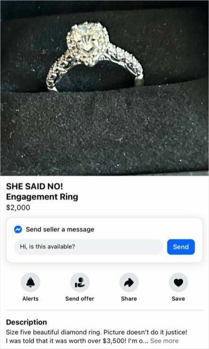 Diamond engagement ring listed on FB Marketplace with a humorous caption in one of the most unhinged posts.