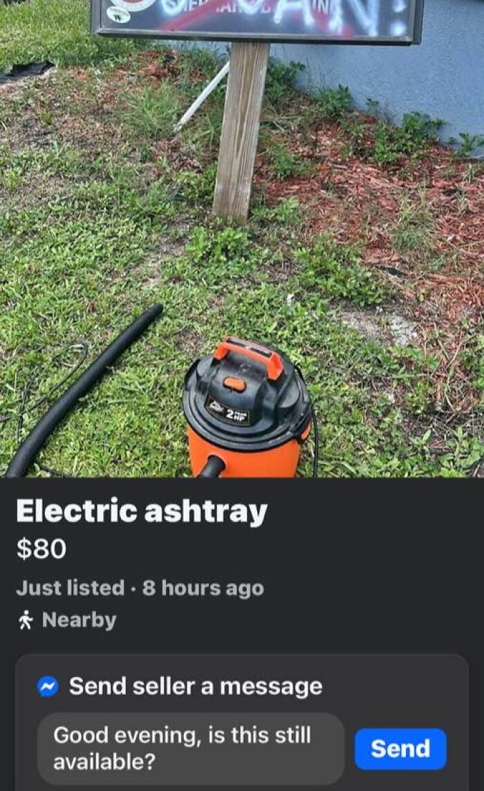 Orange wet/dry vacuum listed on FB Marketplace with a humorous unhinged post calling it an electric ashtray for sale.