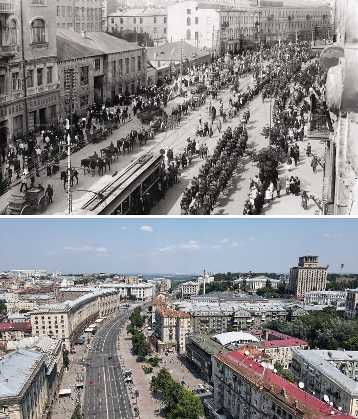 Then versus now photos showing major glow-ups of a famous city street with historic and modern urban views.