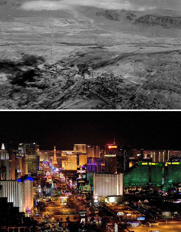 Aerial then and now photos showing the dramatic glow-ups of a famous city with illuminated buildings and vibrant nightlife.