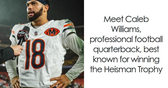 Caleb Williams in football gear during a post-game interview, highlighting his bio and career achievements.