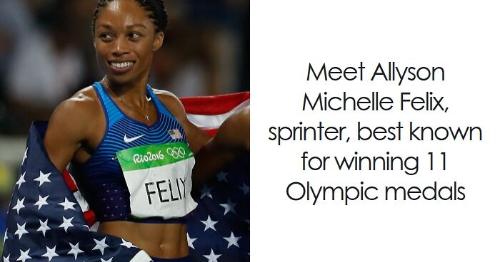 Allyson Felix smiling in athletic gear, holding an American flag at the Rio 2016 Olympics sprint event.