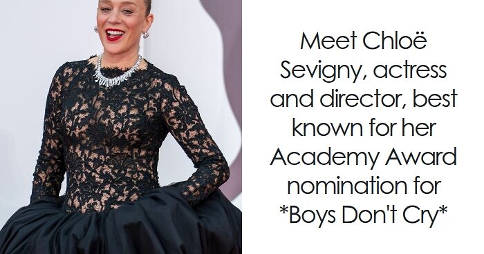 Chlou00eb Sevigny, actress and director, wearing a black lace dress and necklace at a red carpet event.