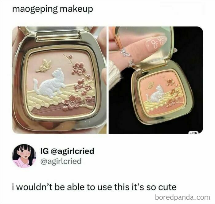 Compact makeup palette with embossed cat and floral design, trending in makeup and fashion diva life memes.