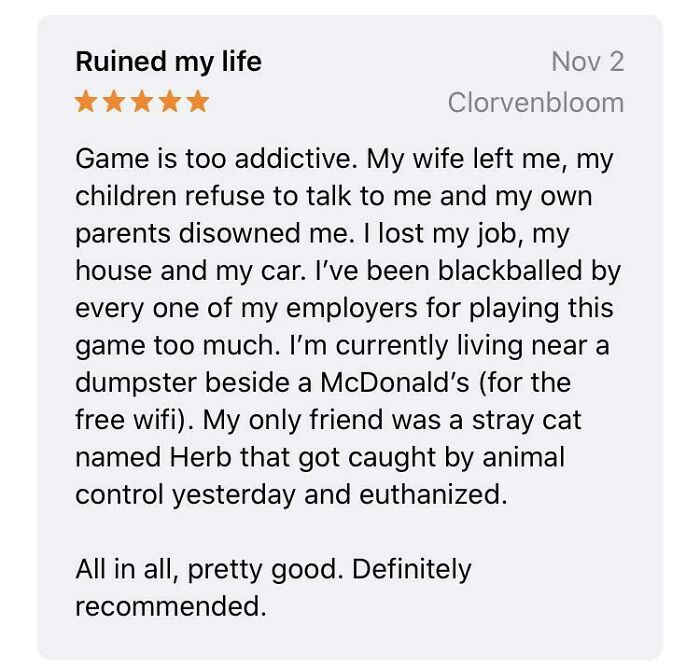 Hilariously unhinged review describing extreme a*******n and life consequences with a darkly humorous tone.