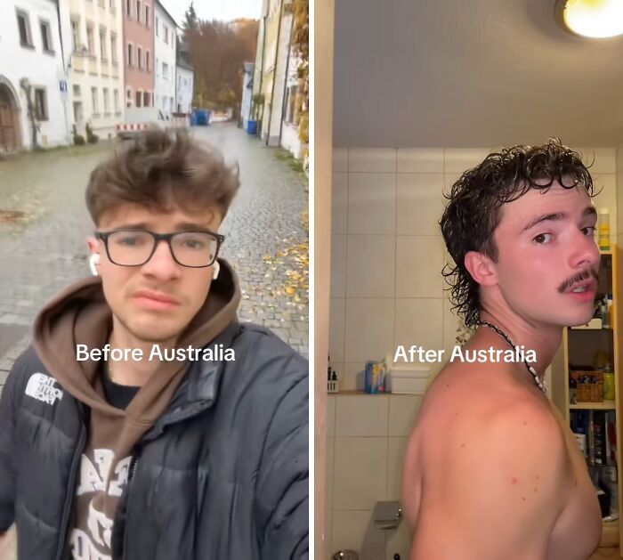 Before and after photos showing how Australia changes people, featuring a young man with different looks and styles.