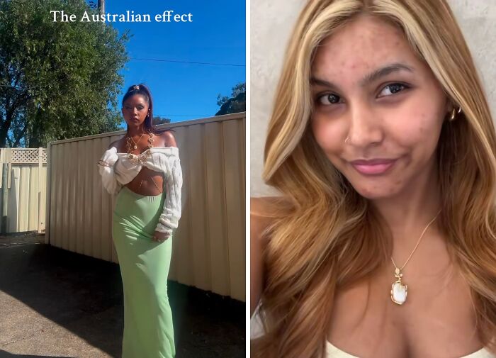 Before and after pics showing how Australia changes people, featuring a woman with a dramatic style transformation outdoors and indoors.