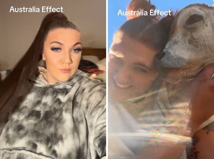 Before and after photos showing the Australia effect on a woman’s appearance and connection with nature outdoors.