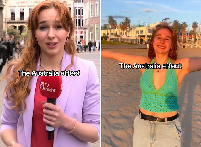 Before and after pictures showing the Australia effect on people’s appearance and mood in outdoor and urban settings.