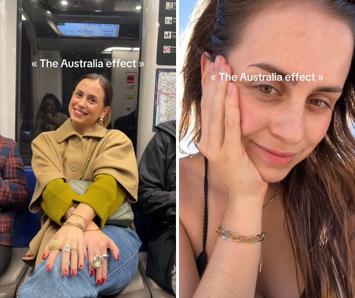 Before and after photos showing how Australia changes people, featuring a woman smiling on a subway and outdoors with a relaxed look.