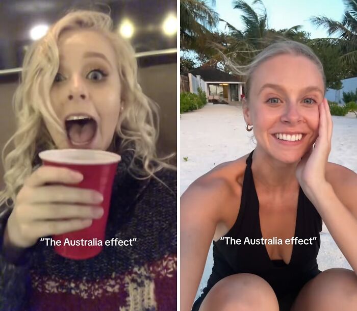 Before and after photos showing how Australia changes people, highlighting the Australia effect on lifestyle and happiness.