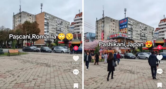 Side-by-side photos of a city square transformed by adding Japan, showing more people and cherry blossoms for aesthetic appeal.