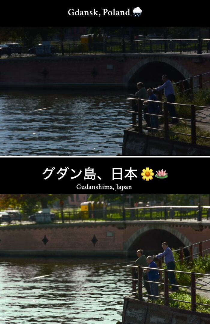 Three people fishing by a river under a bridge, with Japan added to create an aesthetically pleasing scene.