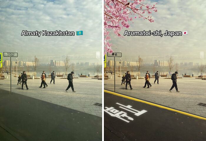 A street scene with people walking, transformed by adding Japan elements and cherry blossoms for aesthetic appeal.