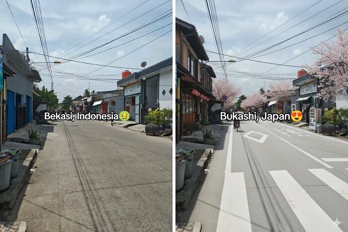 Comparison of a street scene before and after adding Japan, showing enhanced aesthetic with cherry blossoms and cleaner roads.