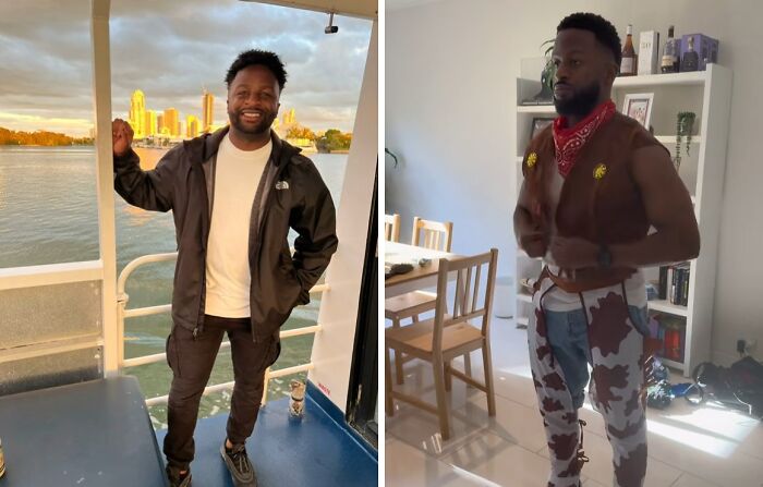 Side-by-side before and after photos showing how Australia changes people with visible lifestyle and fashion differences.