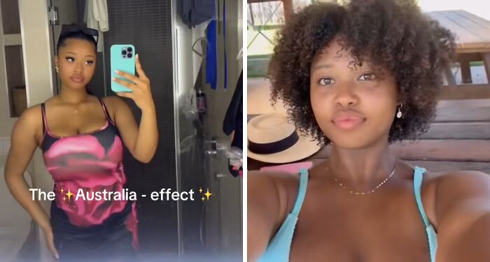 Side-by-side before and after photos showing how Australia changes people with visible style and confidence differences.