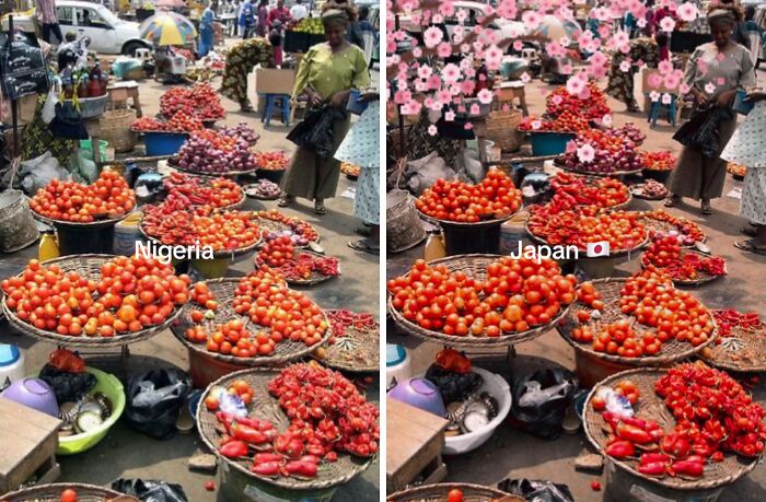 Open-air market stalls with fresh red produce, enhanced by Japan-themed cherry blossom decorations and text addition.