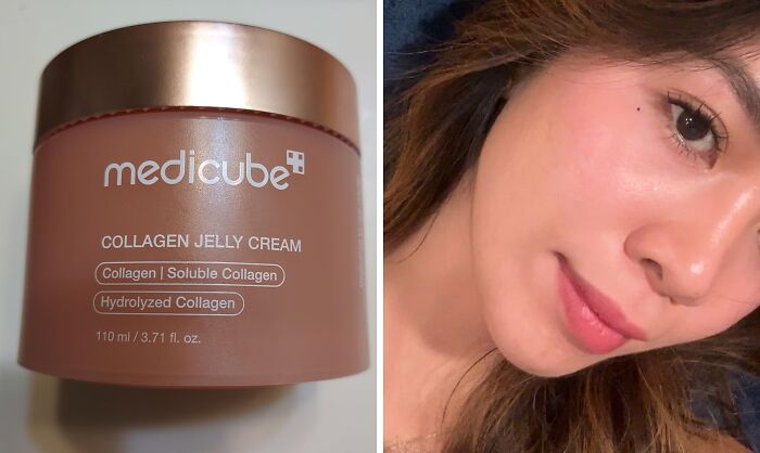 Medicube collagen jelly cream jar shown beside a close-up of a woman's glowing skin, highlighting Black Friday deals.