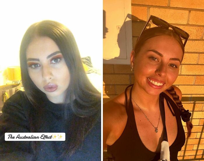 Before and after transformation showing how Australia changes people with natural sunlight and vibrant skin tone differences.