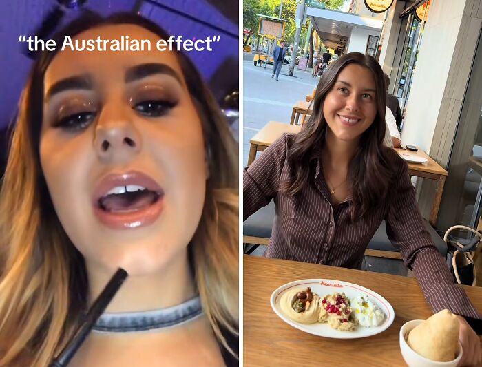 Side-by-side images showing the transformation of a woman illustrating the Australian effect on people.