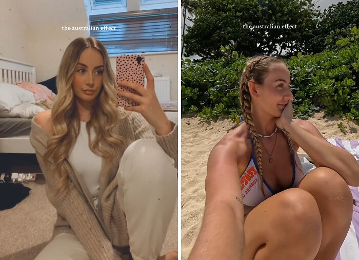 Before and after photos showing the Australian effect on a woman’s appearance and lifestyle by the beach and indoors.