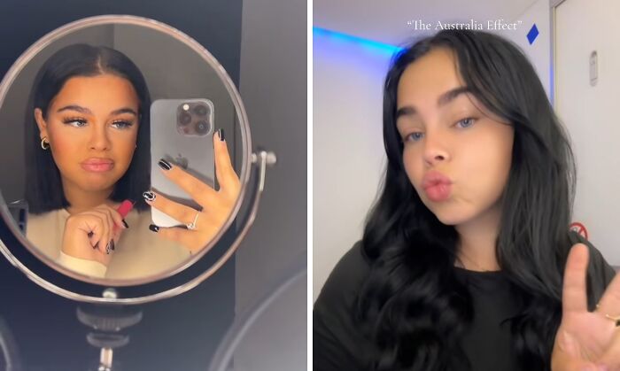 Young woman showing before and after transformation, illustrating how Australia changes people with noticeable style differences.