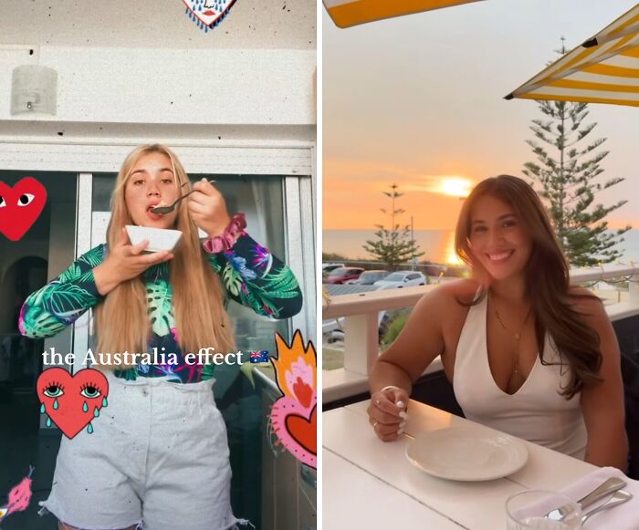 Before and after pics showing the Australia effect on people's lifestyle and happiness at home and outdoors by the beach.