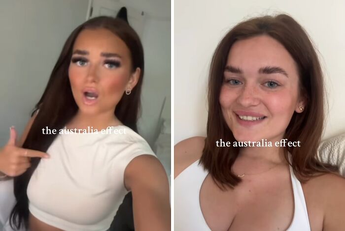 Side-by-side before and after photos showing the Australia effect on a young woman's appearance and style.
