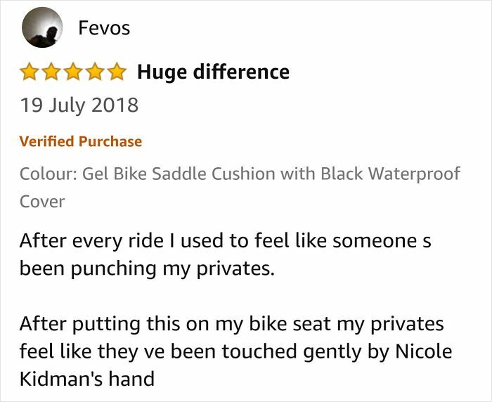 Five-star hilariously unhinged review describing a gel bike saddle cushion improving comfort after rides.