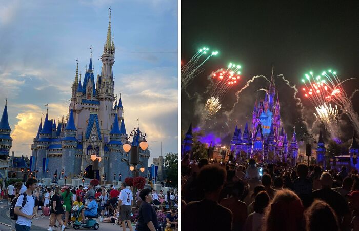 Day and night views of a castle with crowds watching fireworks, showcasing big and small dreams turned into reality.