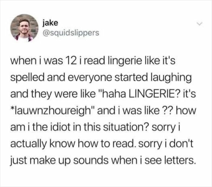 Text meme about mispronouncing lingerie at age 12, part of randomly funny memes that lighten life with humor.