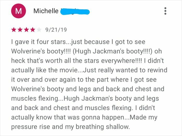 Funny unhinged review praising Wolverine's scenes for humor and entertainment, showcasing hilarious customer feedback.