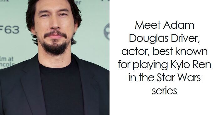 Adam Driver in a black suit, known actor, featured in a photo highlighting his bio and career highlights.