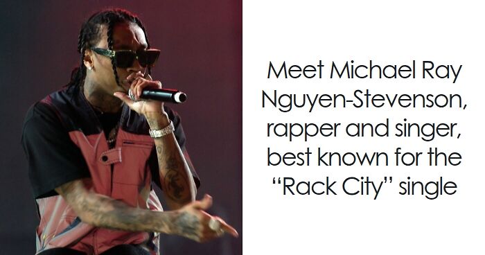 Tyga performing on stage wearing sunglasses and a pink and black outfit, highlighting his bio and career.