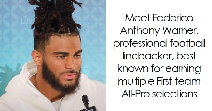 Fred Warner in an interview setting, wearing a white hoodie, discussing his bio and career highlights in football.