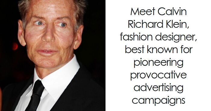 Calvin Klein in a black suit and tie, known for pioneering provocative advertising campaigns in fashion design.