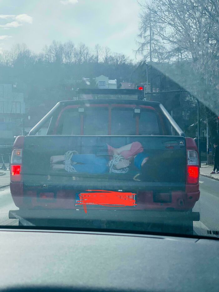 Pickup truck with a custom painted tailgate showing a tied-up person, a unique example of car stupidity on wheels.